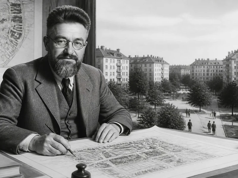 Portrait d'Henri Sellier travaillant sur des plans urbains devant une fenêtre donnant sur une cité-jardin