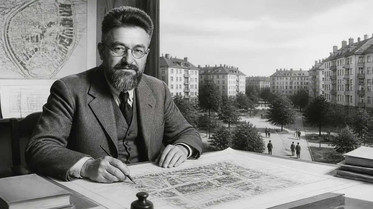 Portrait d'Henri Sellier travaillant sur des plans urbains devant une fenêtre donnant sur une cité-jardin