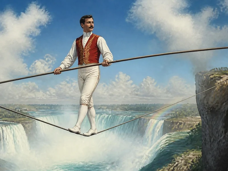 Un funambule en costume d'époque traverse le vide au-dessus des chutes du Niagara dans une illustration dédiée à Henry's