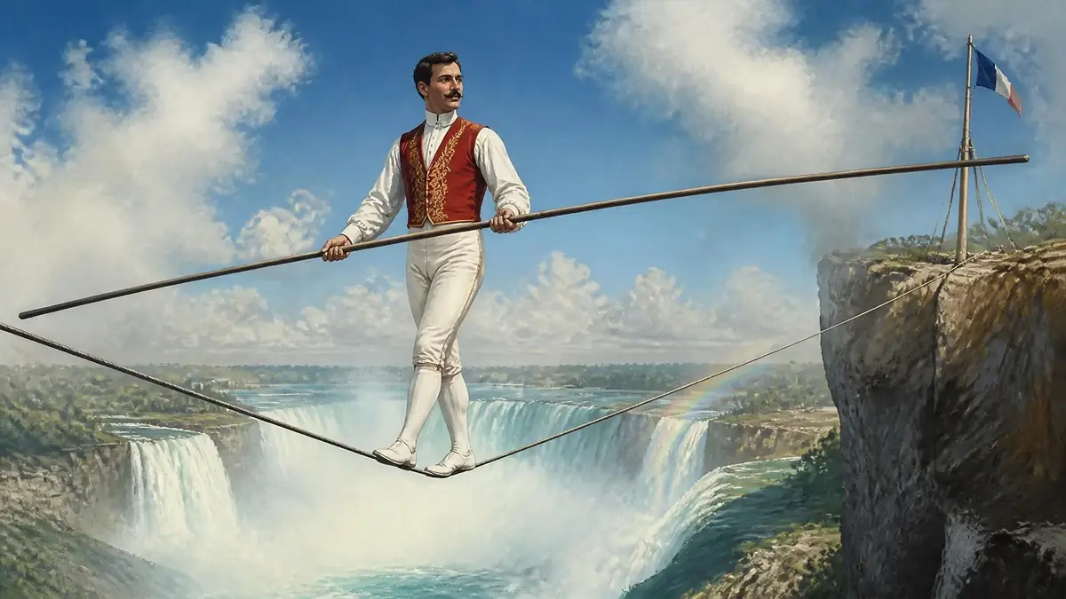 Un funambule en costume d'époque traverse le vide au-dessus des chutes du Niagara dans une illustration dédiée à Henry's