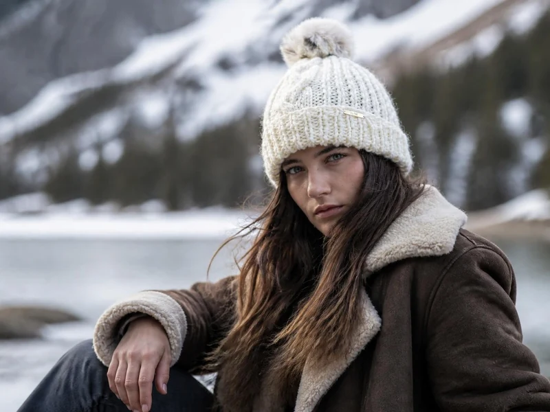 Jeune femme portant un bonnet en laine à pompon devant un paysage enneigé