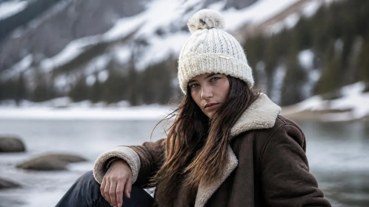Jeune femme portant un bonnet en laine à pompon devant un paysage enneigé