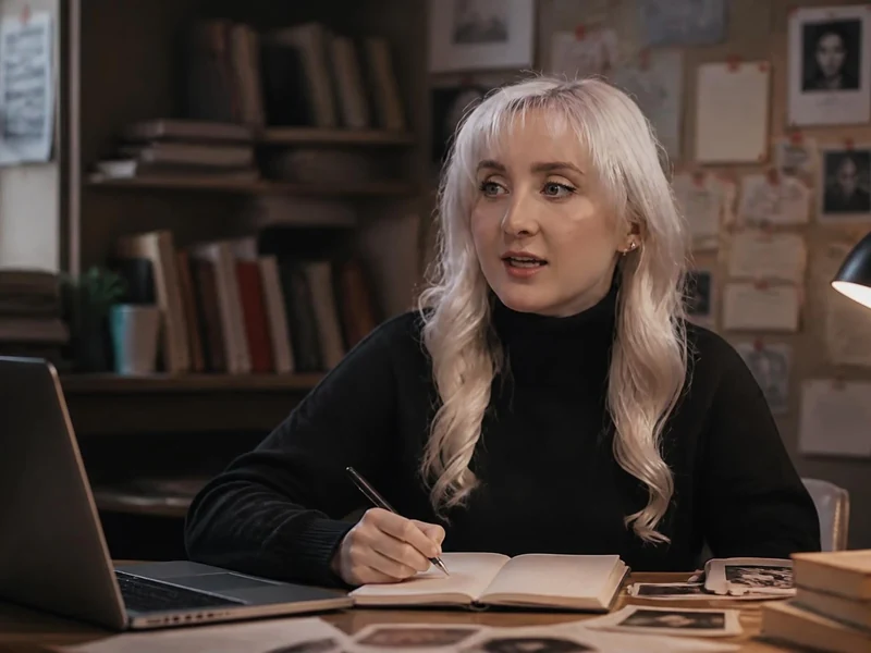 Holly Jackson travaille à son bureau dans une ambiance studieuse avec un ordinateur et des notes