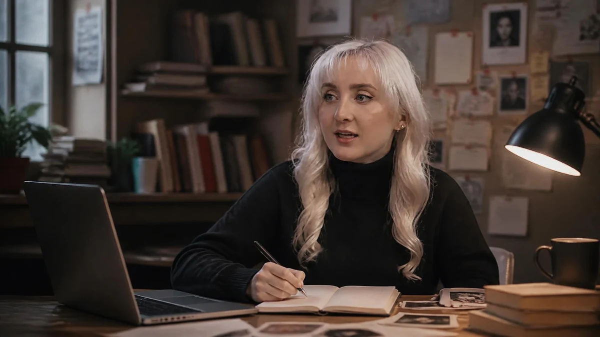 Holly Jackson travaille à son bureau dans une ambiance studieuse avec un ordinateur et des notes