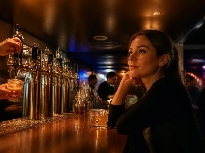 Une cliente rêveuse observe le service d'un cocktail à la tireuse dans l'ambiance feutrée du bar Honey Moon