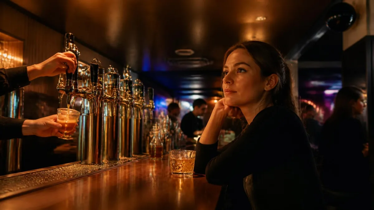 Une cliente rêveuse observe le service d'un cocktail à la tireuse dans l'ambiance feutrée du bar Honey Moon