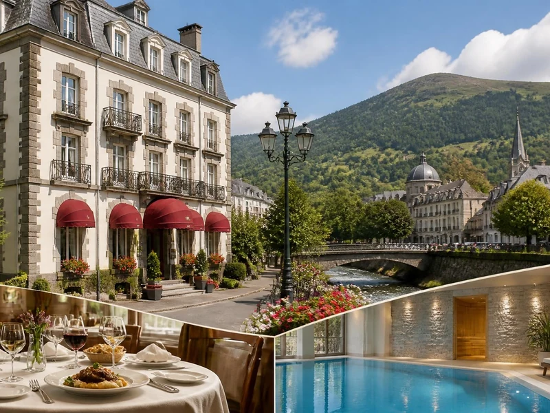 Vue extérieure et intérieure de l'hôtel Le Charlet avec son restaurant et sa piscine à La Bourboule