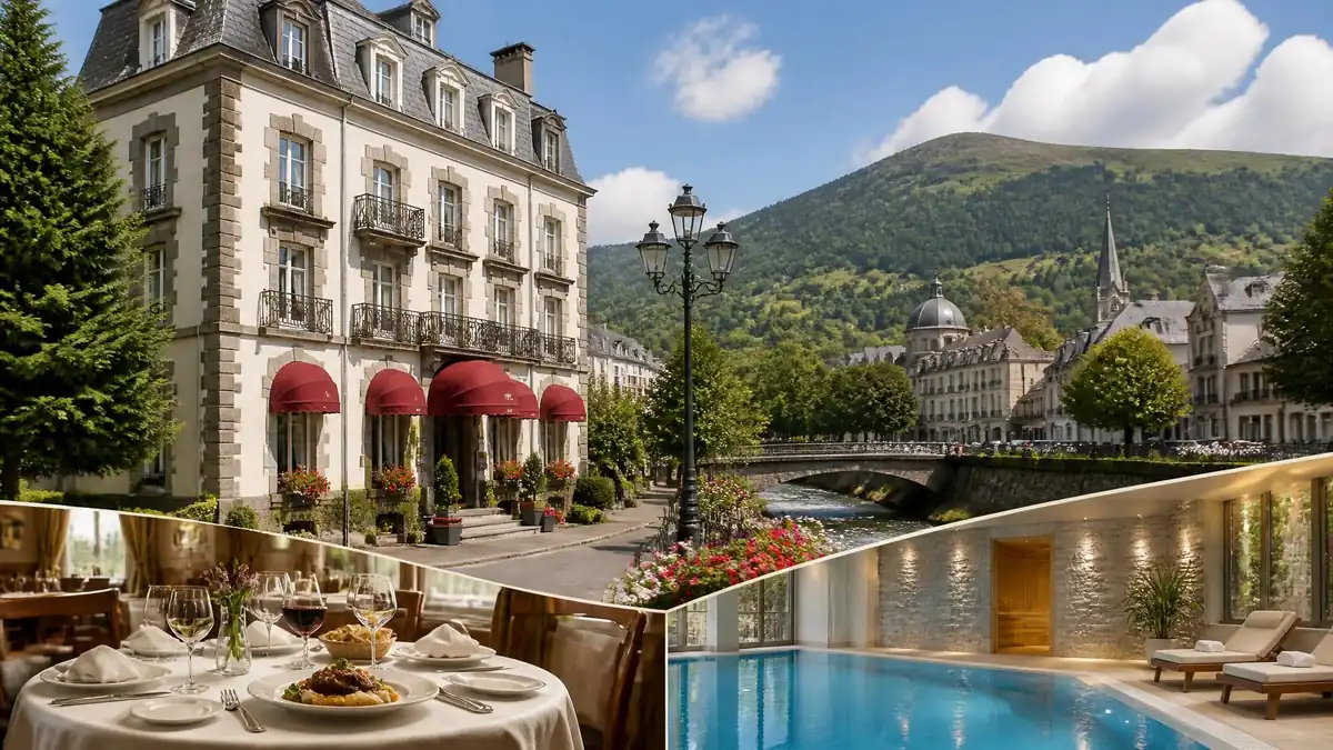 Vue extérieure et intérieure de l'hôtel Le Charlet avec son restaurant et sa piscine à La Bourboule