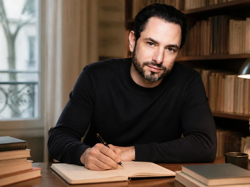 Hugo Lindenberg assis à son bureau, écrivant dans un carnet devant une bibliothèque remplie de livres