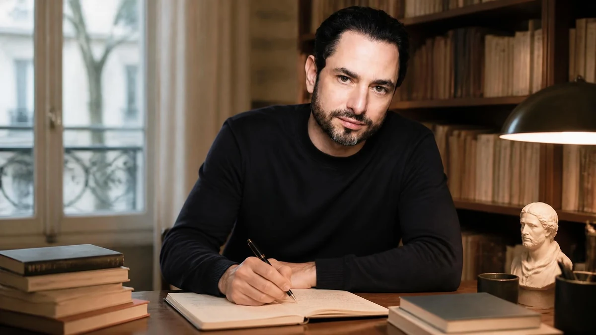 Hugo Lindenberg assis à son bureau, écrivant dans un carnet devant une bibliothèque remplie de livres