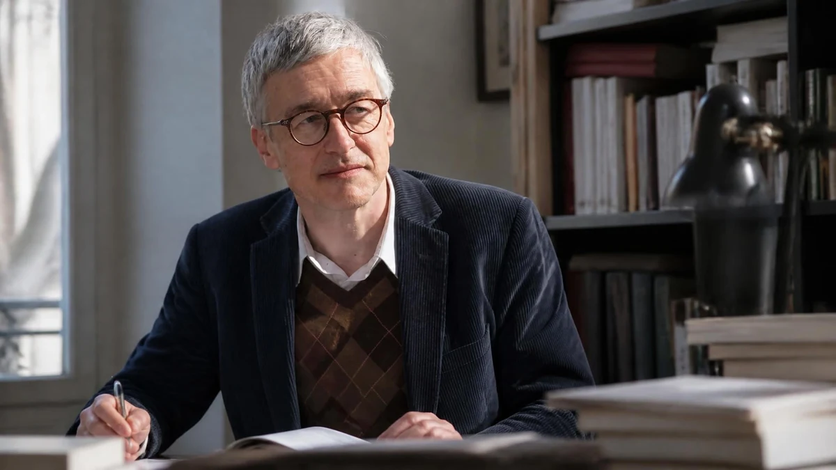 Portrait de l'éditeur Hugues Jallon assis à son bureau devant une bibliothèque remplie de livres