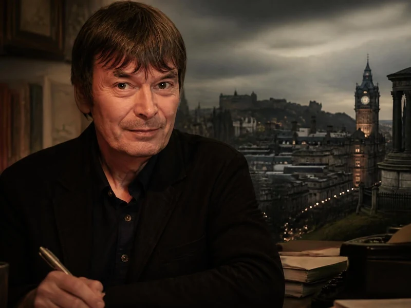 Portrait de l'écrivain Ian Rankin travaillant à son bureau avec une vue sur la ville d'Édimbourg en arrière-plan