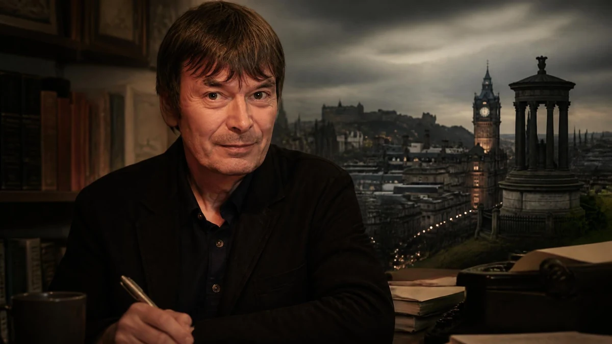 Portrait de l'écrivain Ian Rankin travaillant à son bureau avec une vue sur la ville d'Édimbourg en arrière-plan
