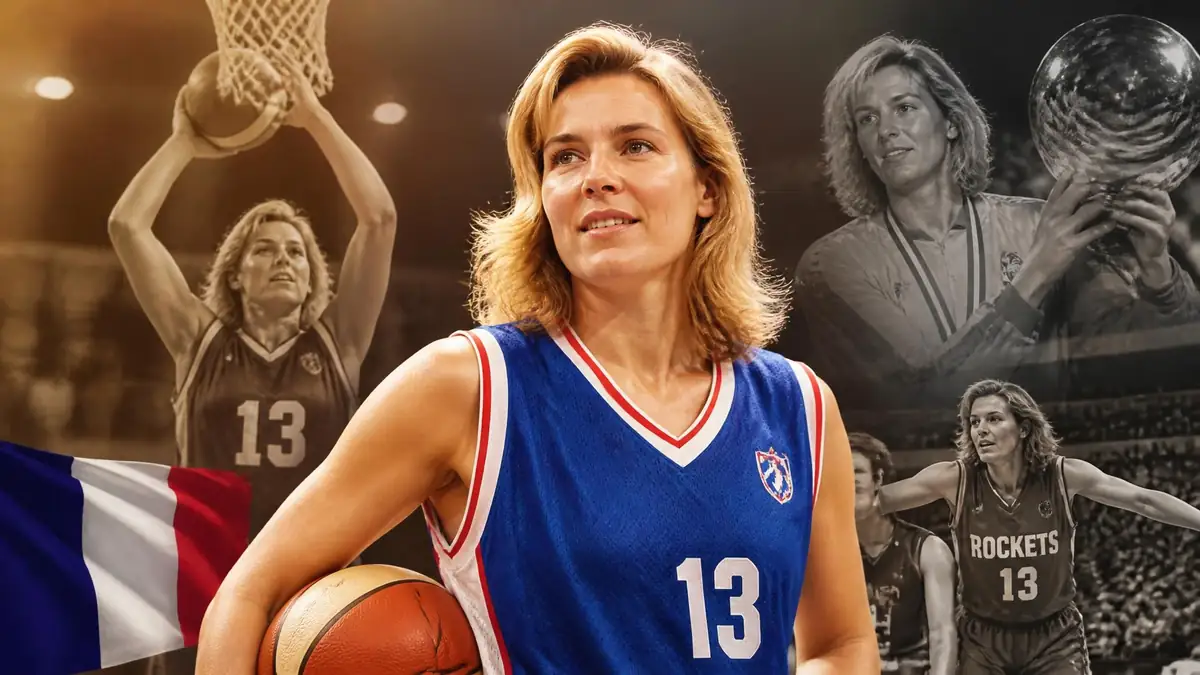 Montage photo illustrant la carrière de la basketteuse Isabelle Fijalkowski avec le maillot de l'équipe de France