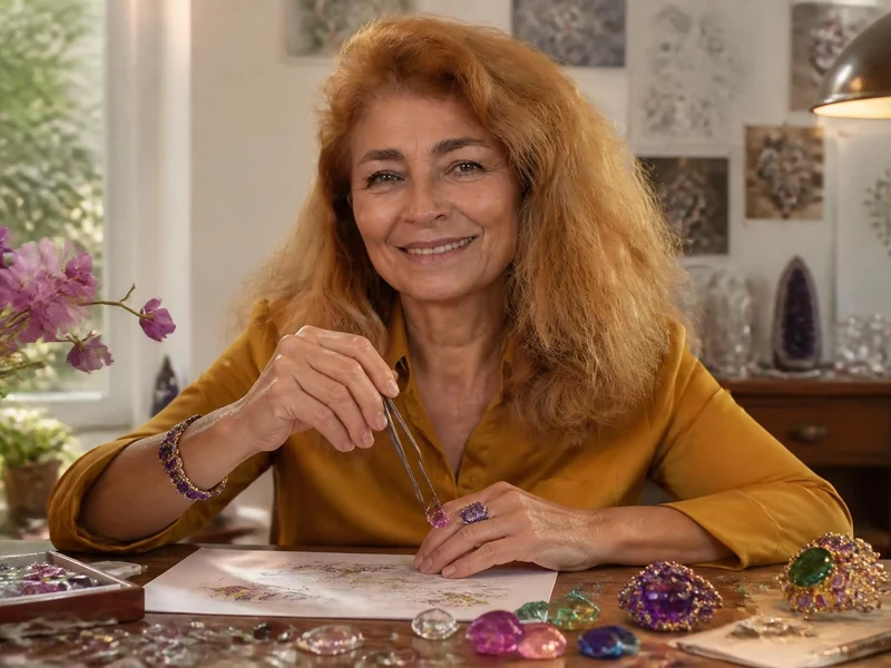Isabelle Langlois travaille sur une création joaillière entourée de gemmes colorées dans son atelier