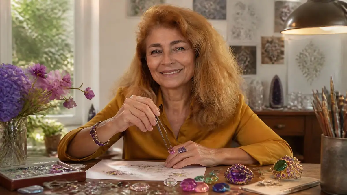 Isabelle Langlois travaille sur une création joaillière entourée de gemmes colorées dans son atelier