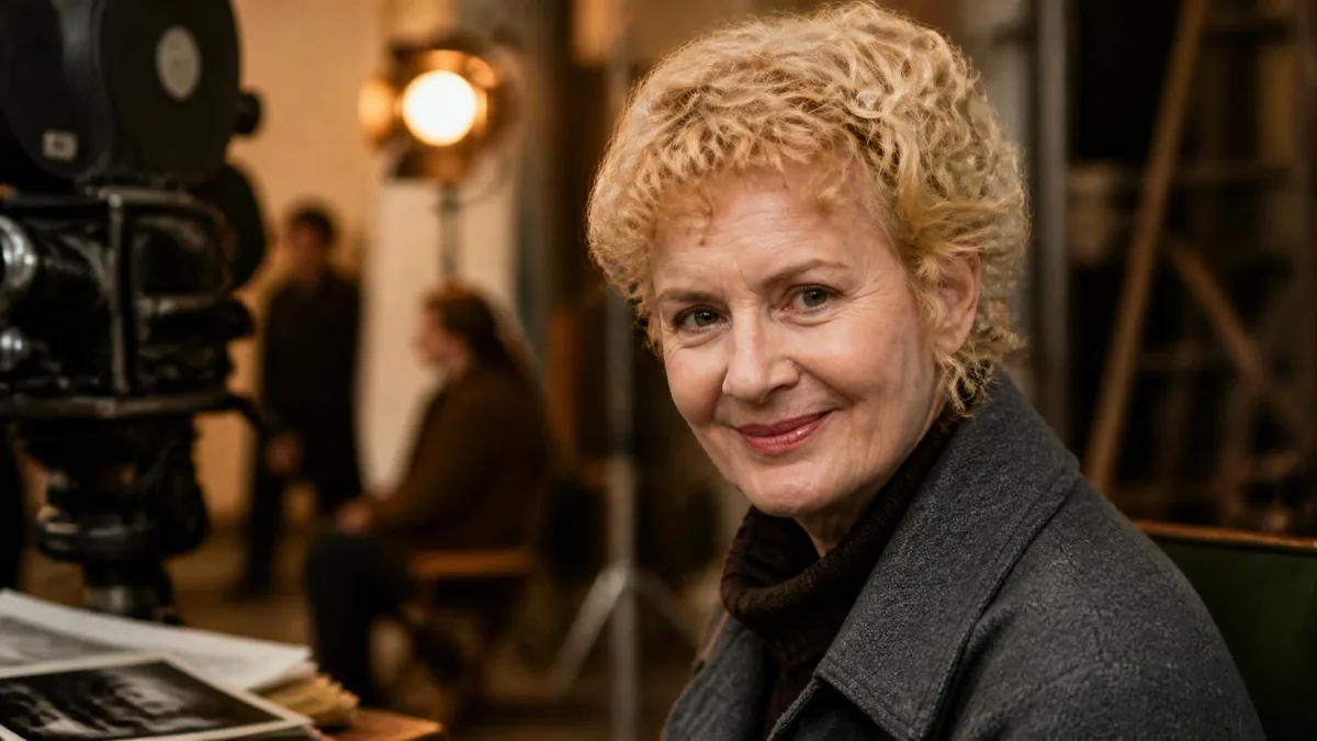 Isabelle Petit-Jacques sourit devant une caméra sur un plateau de tournage