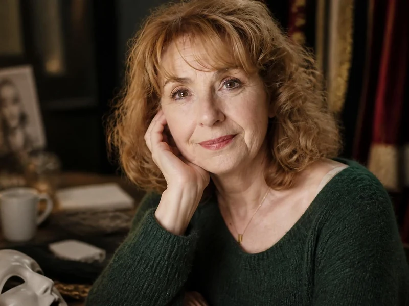 Portrait souriant de la comédienne Isabelle Spade assise devant une coiffeuse dans une loge de théâtre