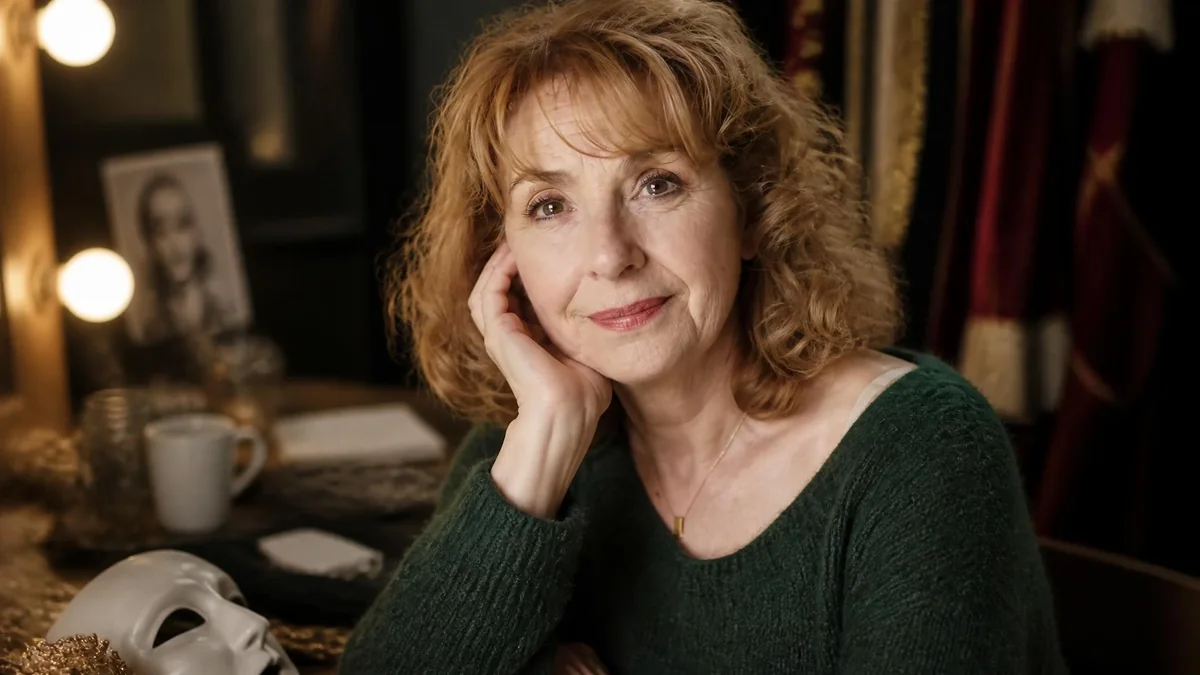 Portrait souriant de la comédienne Isabelle Spade assise devant une coiffeuse dans une loge de théâtre