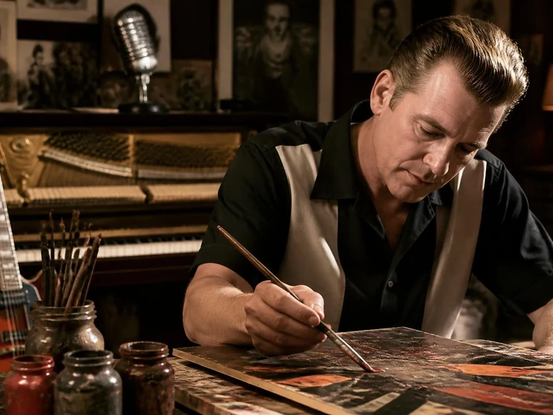 Un homme peint sur une toile dans un studio vintage rappelant l'univers musical de Jack Hammer
