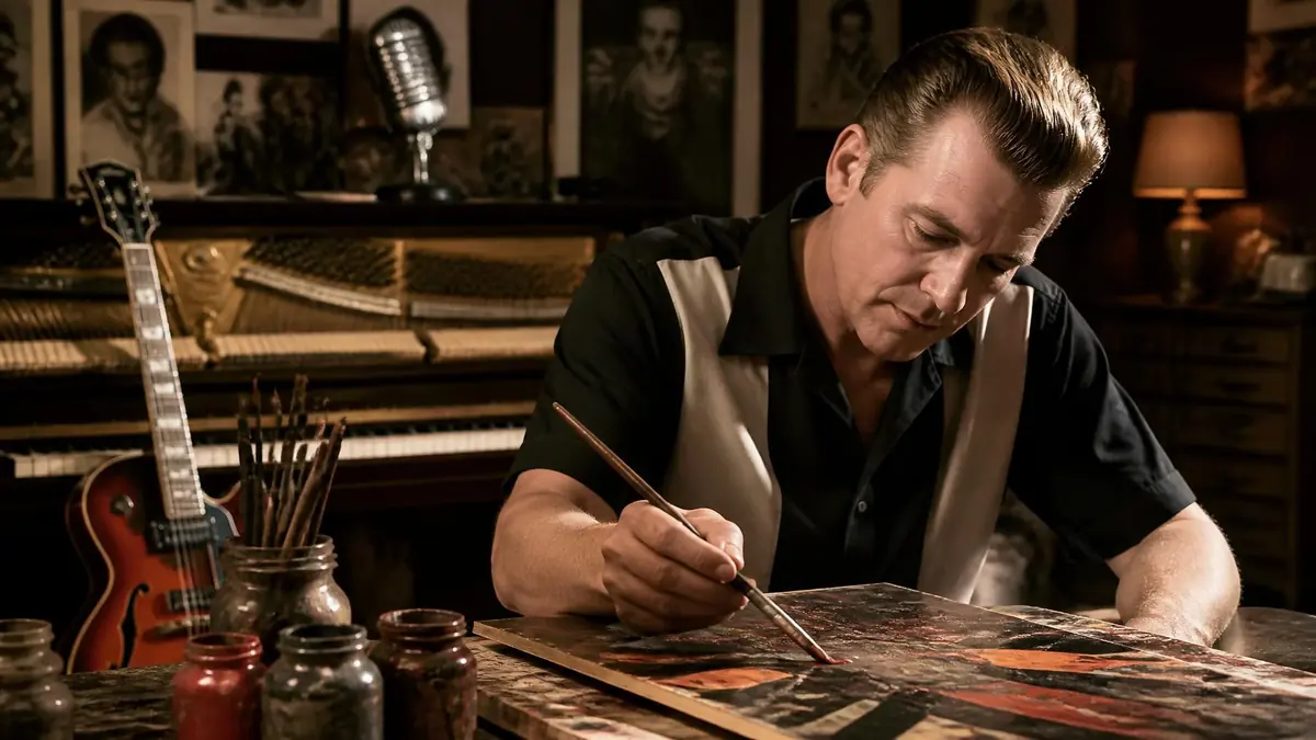 Un homme peint sur une toile dans un studio vintage rappelant l'univers musical de Jack Hammer
