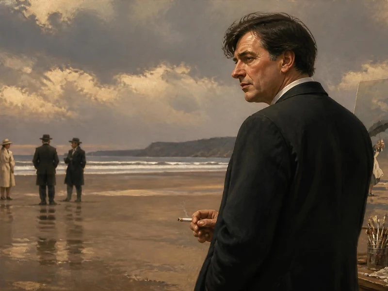 Autoportrait de Jack Vettriano se tenant devant son chevalet sur une plage sombre et mélancolique