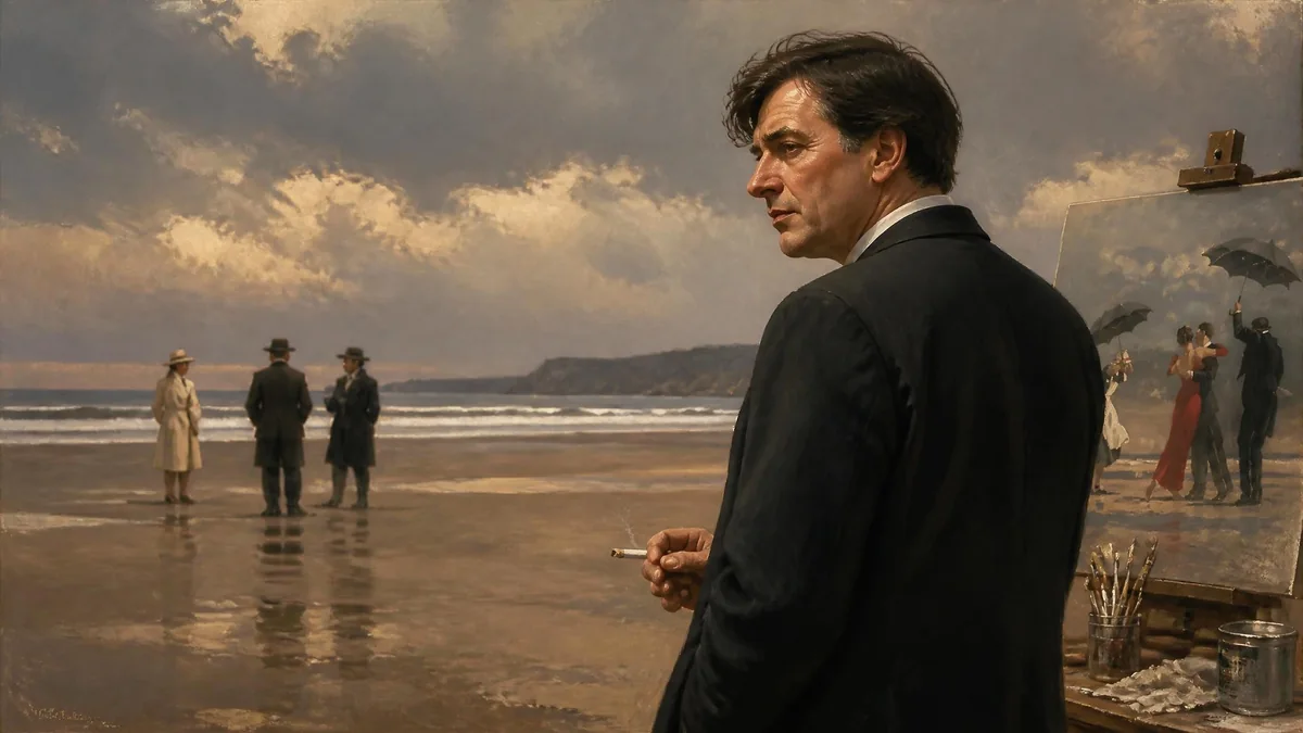 Autoportrait de Jack Vettriano se tenant devant son chevalet sur une plage sombre et mélancolique
