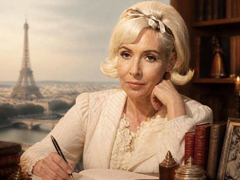 Portrait de la romancière Jacqueline Monsigny écrivant à son bureau avec la tour Eiffel en arrière-plan