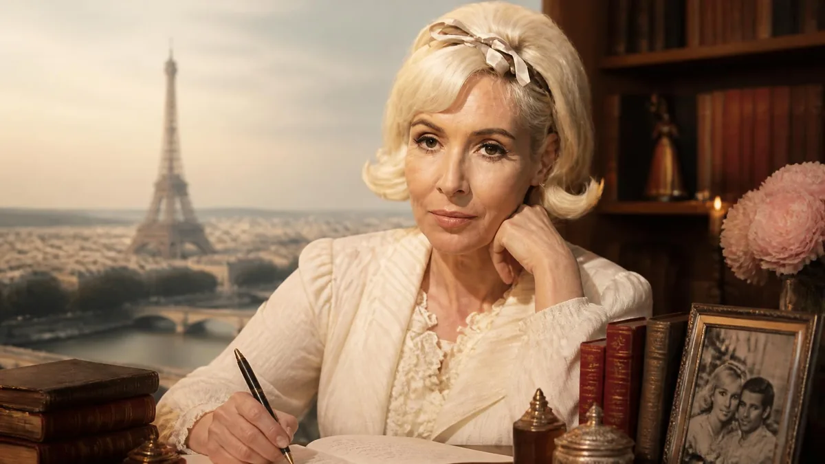 Portrait de la romancière Jacqueline Monsigny écrivant à son bureau avec la tour Eiffel en arrière-plan