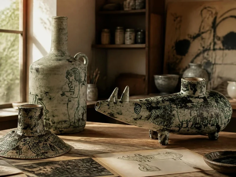 Plusieurs céramiques artisanales aux motifs gravés typiques du style de Jacques Blin posées sur un atelier ensoleillé