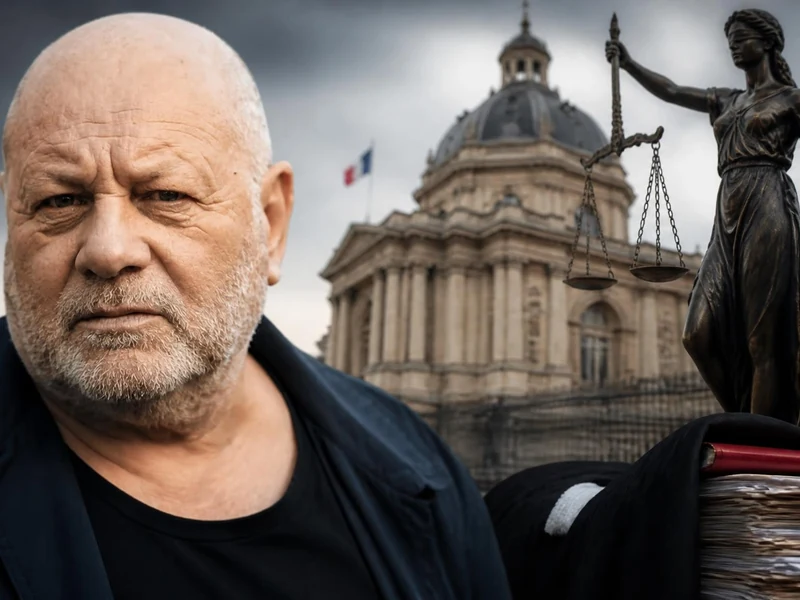 Portrait de Jacques Bouanich devant un palais de justice avec une statue de la balance de la justice