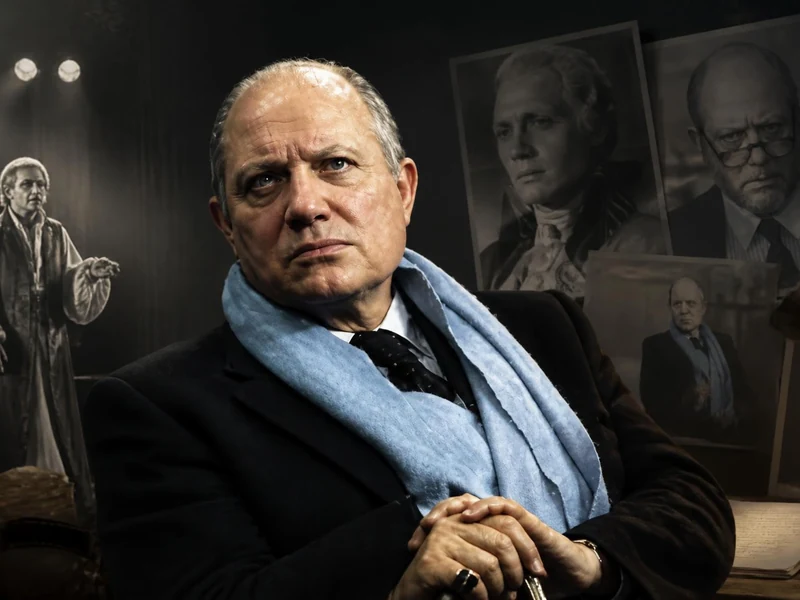 Portrait de l'acteur français Jacques Dacqmine entouré d'images évoquant les différents rôles de sa carrière