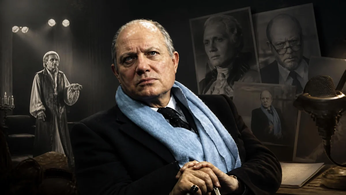 Portrait de l'acteur français Jacques Dacqmine entouré d'images évoquant les différents rôles de sa carrière
