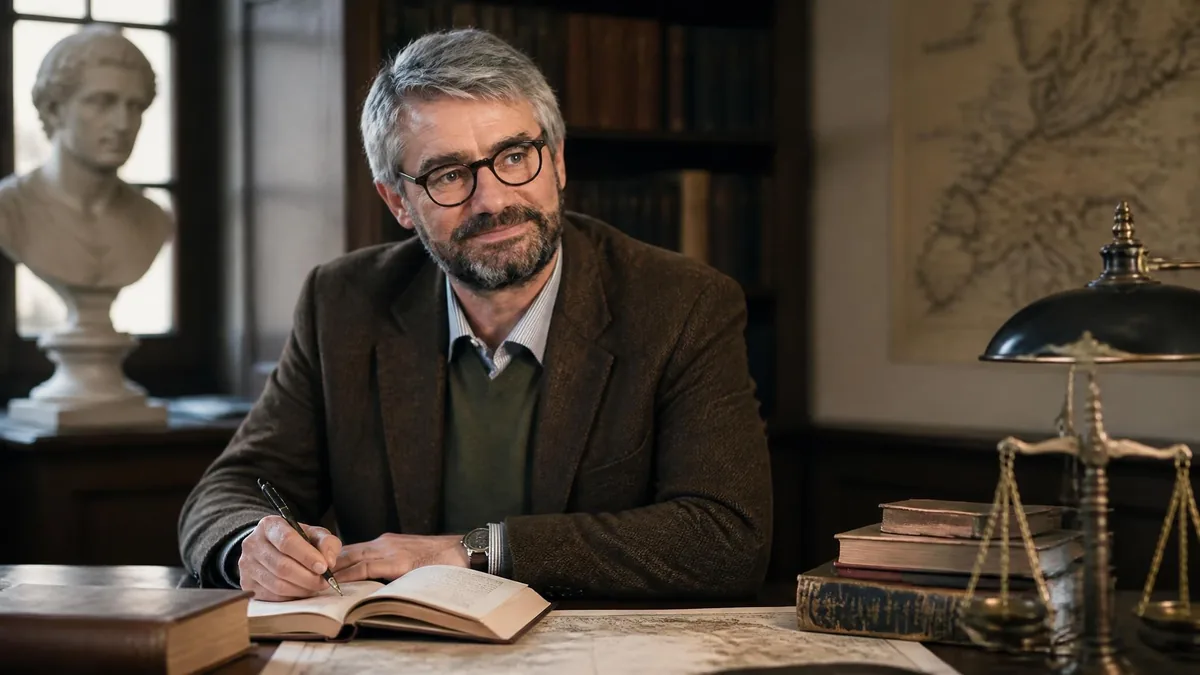 Portrait de Jacques de Saint Victor écrivant à son bureau entouré de livres et d'une balance de justice