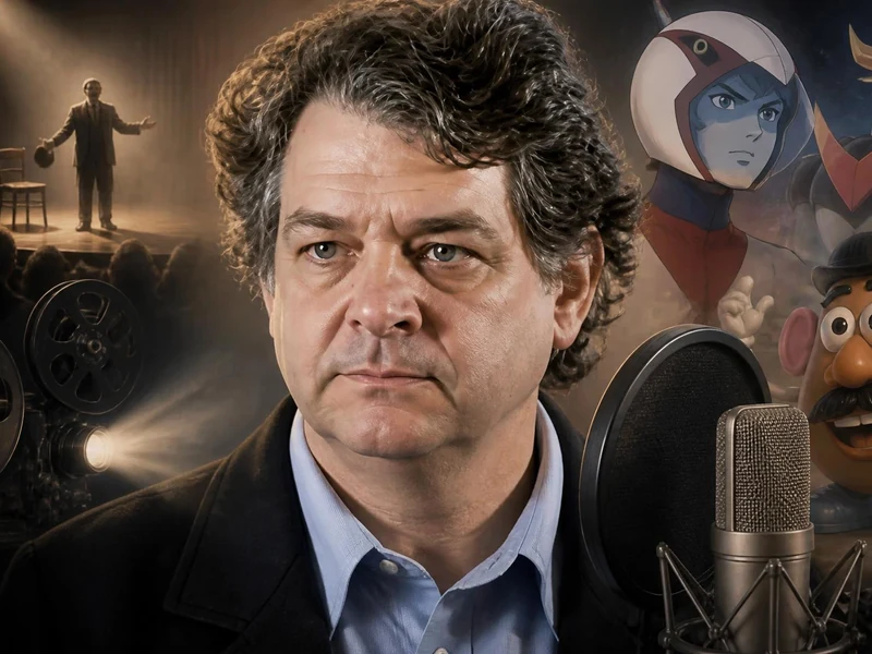 Portrait de l'acteur Jacques Ferrière devant un micro, entouré de références à ses rôles marquants au cinéma et à la télé