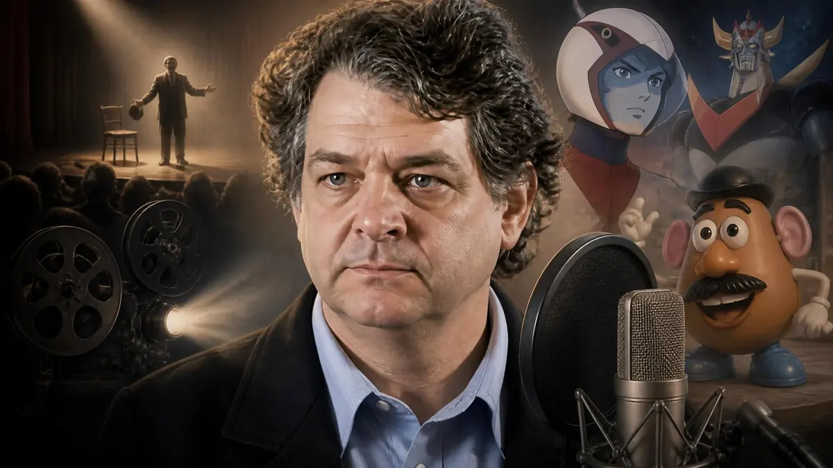 Portrait de l'acteur Jacques Ferrière devant un micro, entouré de références à ses rôles marquants au cinéma et à la télé