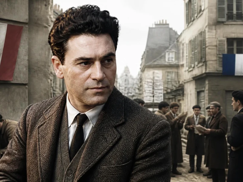 Portrait de Jacques Lusseyran, résistant français, dans une rue animée pendant la Seconde Guerre mondiale
