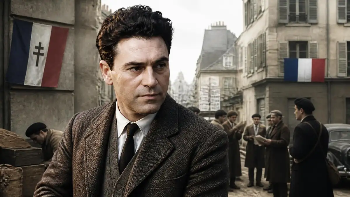 Portrait de Jacques Lusseyran, résistant français, dans une rue animée pendant la Seconde Guerre mondiale