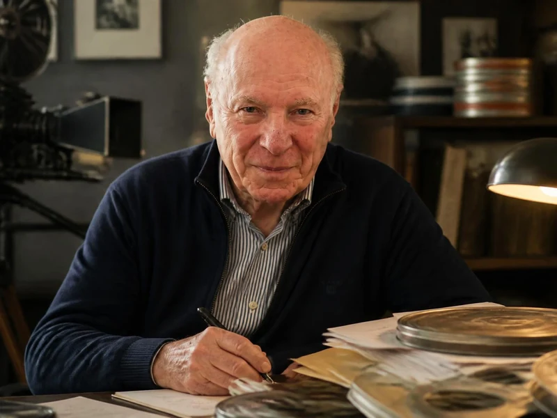 Portrait de Jacques Rémy assis à son bureau entouré de bobines de films et de matériel cinématographique