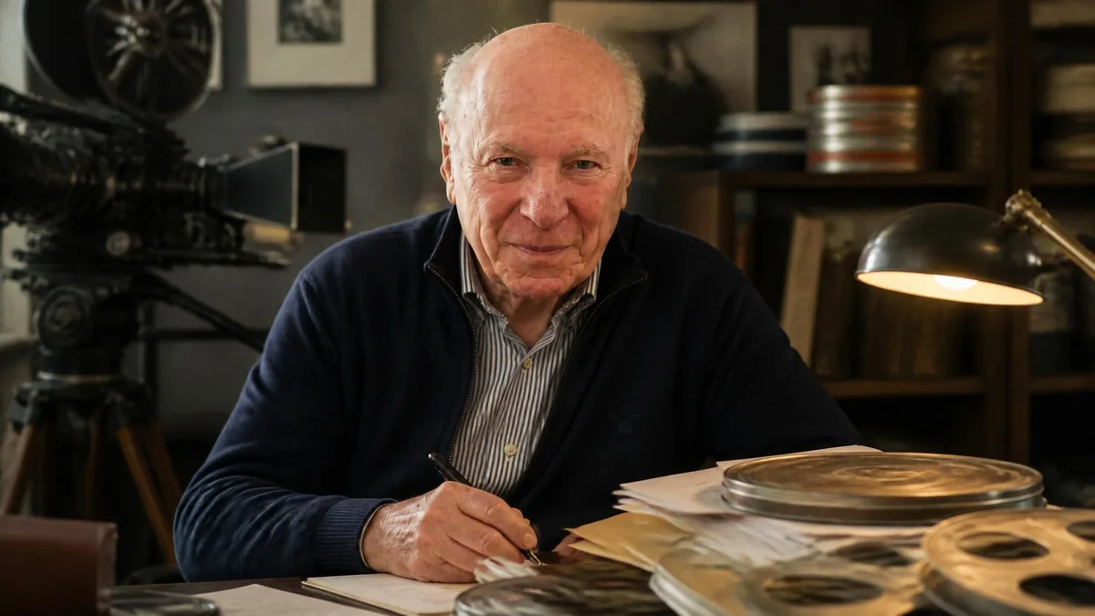Portrait de Jacques Rémy assis à son bureau entouré de bobines de films et de matériel cinématographique