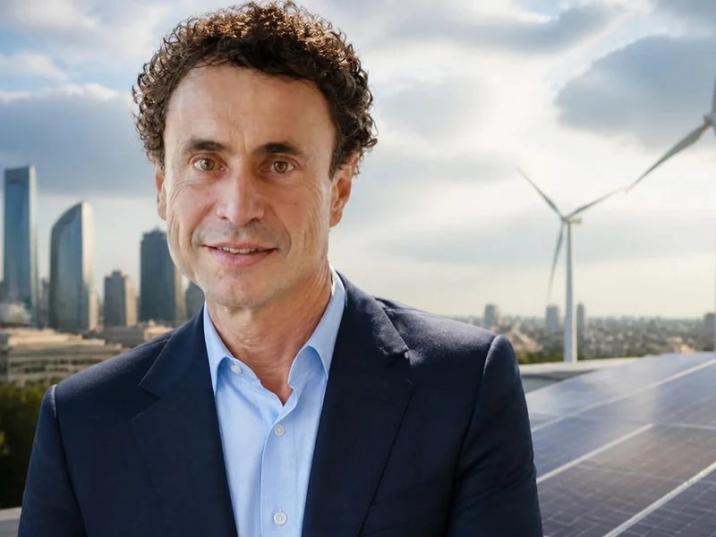 Portrait de Jacques Veyrat devant un paysage urbain avec des éoliennes et des panneaux solaires