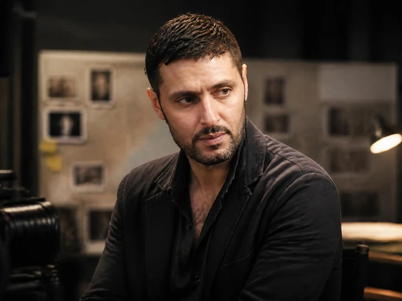 Portrait de l'acteur et créateur Jalil Naciri dans un décor de tournage sombre
