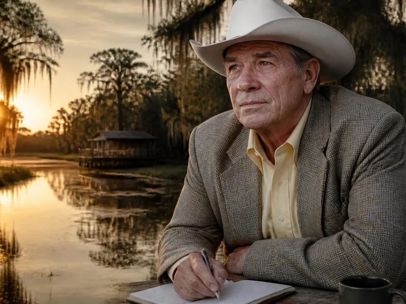 Portrait de l'écrivain James Lee Burke écrivant près d'un bayou au coucher du soleil