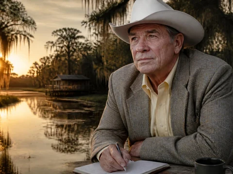 Portrait de l'écrivain James Lee Burke écrivant près d'un bayou au coucher du soleil