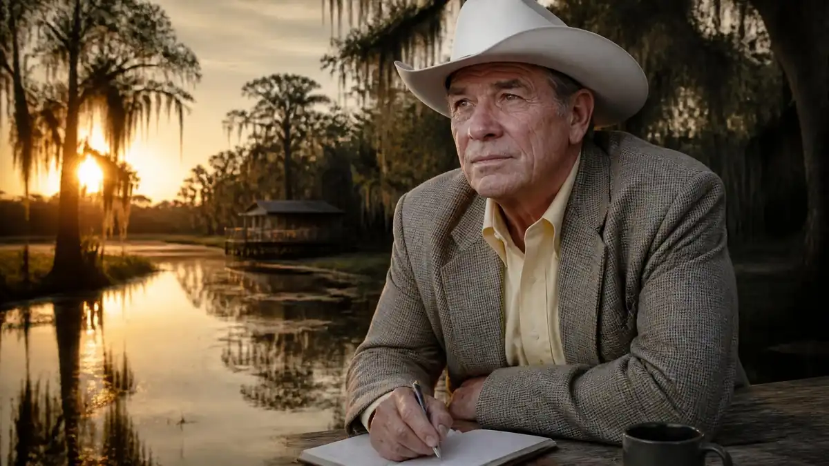 Portrait de l'écrivain James Lee Burke écrivant près d'un bayou au coucher du soleil