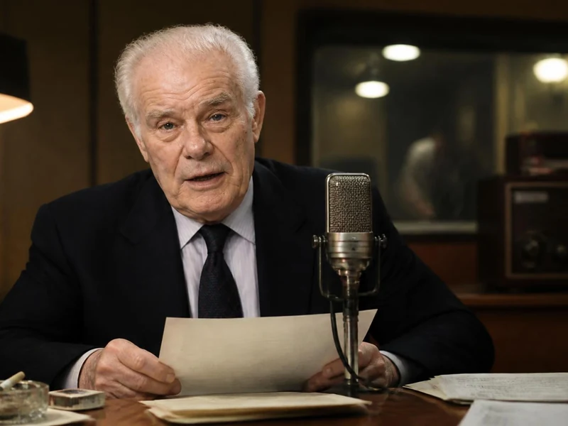 Jean Amadou assis devant un micro de radio en train de lire ses notes dans un studio d'enregistrement