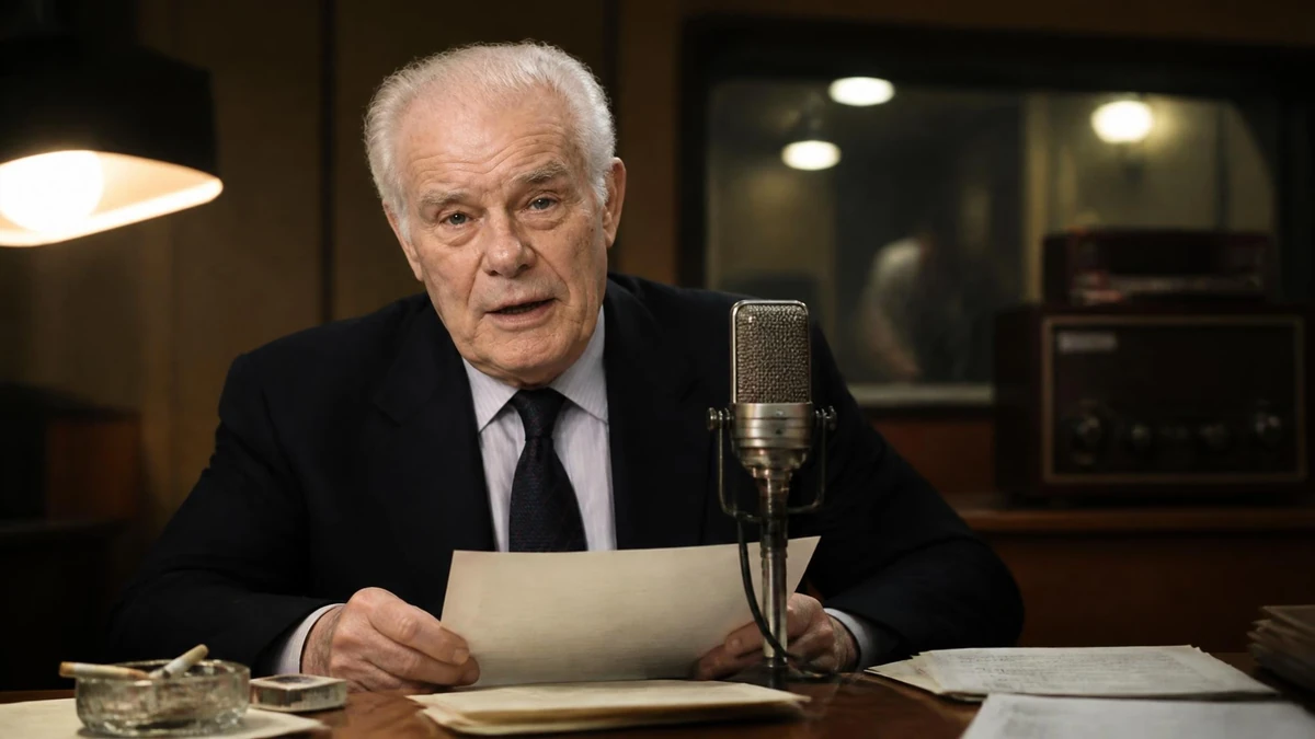 Jean Amadou assis devant un micro de radio en train de lire ses notes dans un studio d'enregistrement
