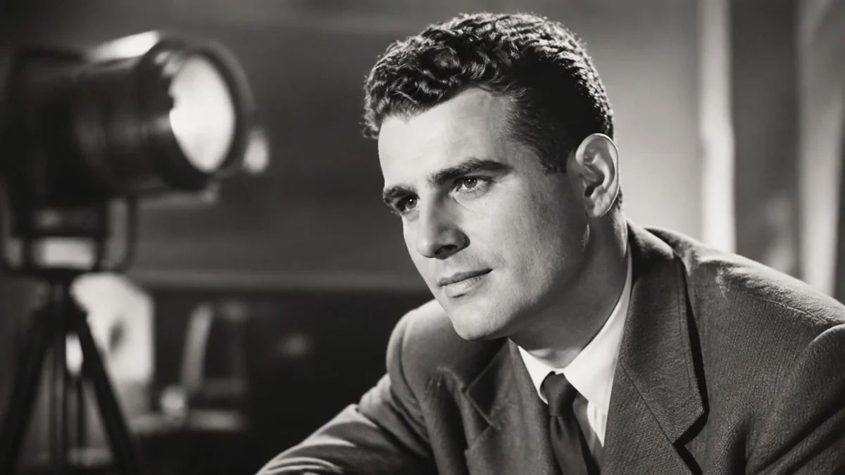 Portrait en noir et blanc de l'acteur Jean Chevrier posant dans un studio de cinéma