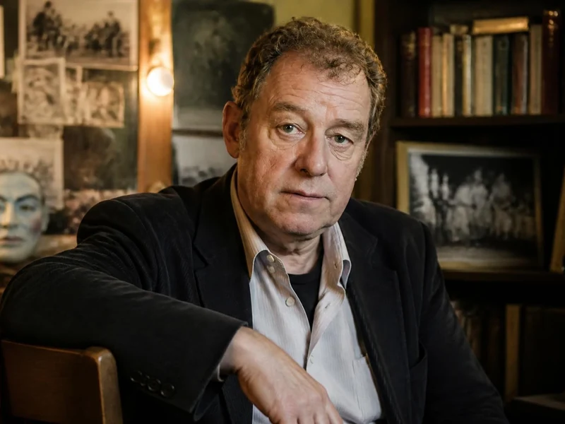 Portrait de Jean-Claude Leguay assis dans un décor de loge d'artiste avec des étagères de livres en arrière-plan