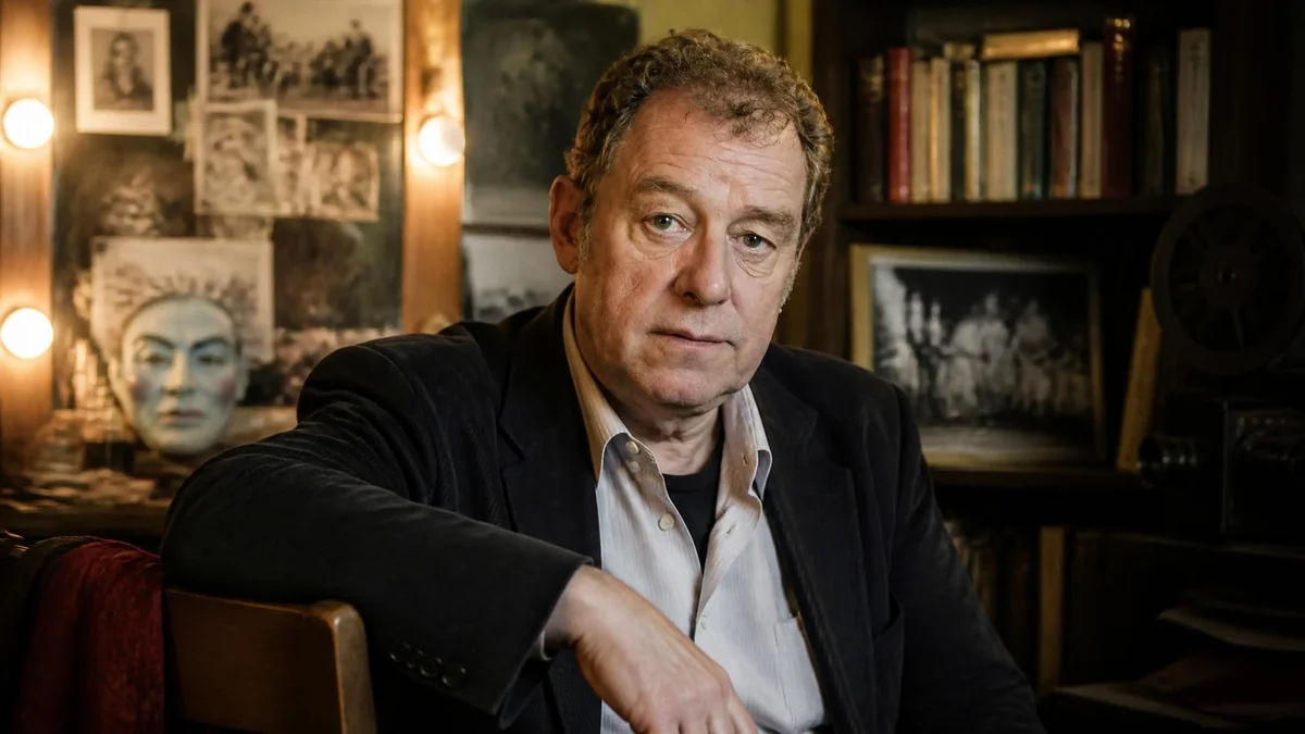 Portrait de Jean-Claude Leguay assis dans un décor de loge d'artiste avec des étagères de livres en arrière-plan